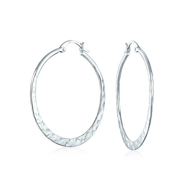 Rhodium Plated Sterling Silver Plain Flat Hoop Earrings 